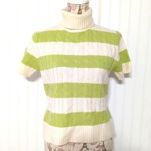 Cashmere sweater L Striped Green Cream Short sleeve Lord & Taylor EUC